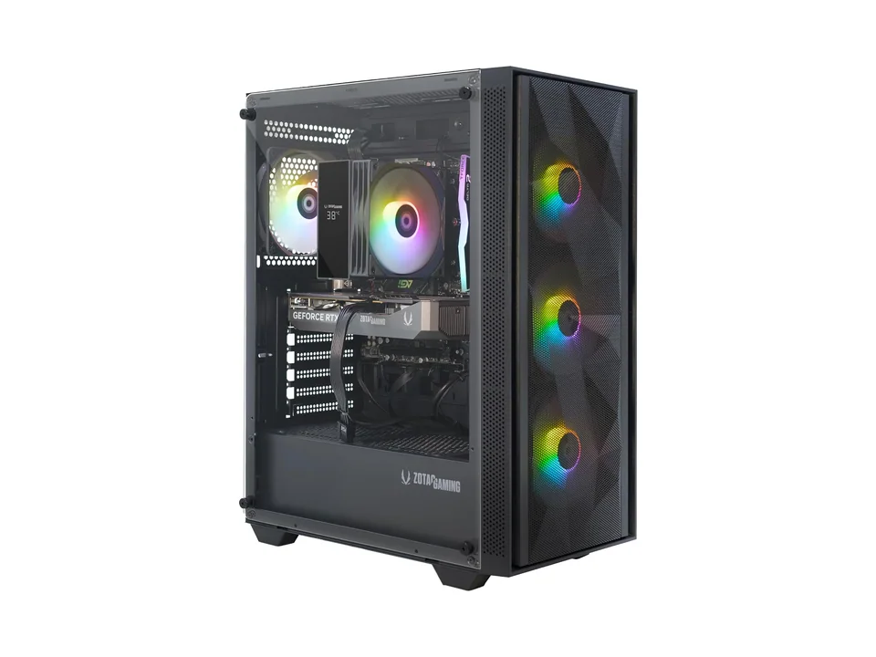 ZOTAC MEK black gaming tower with a glass side, a small temperature display and RGB fans
