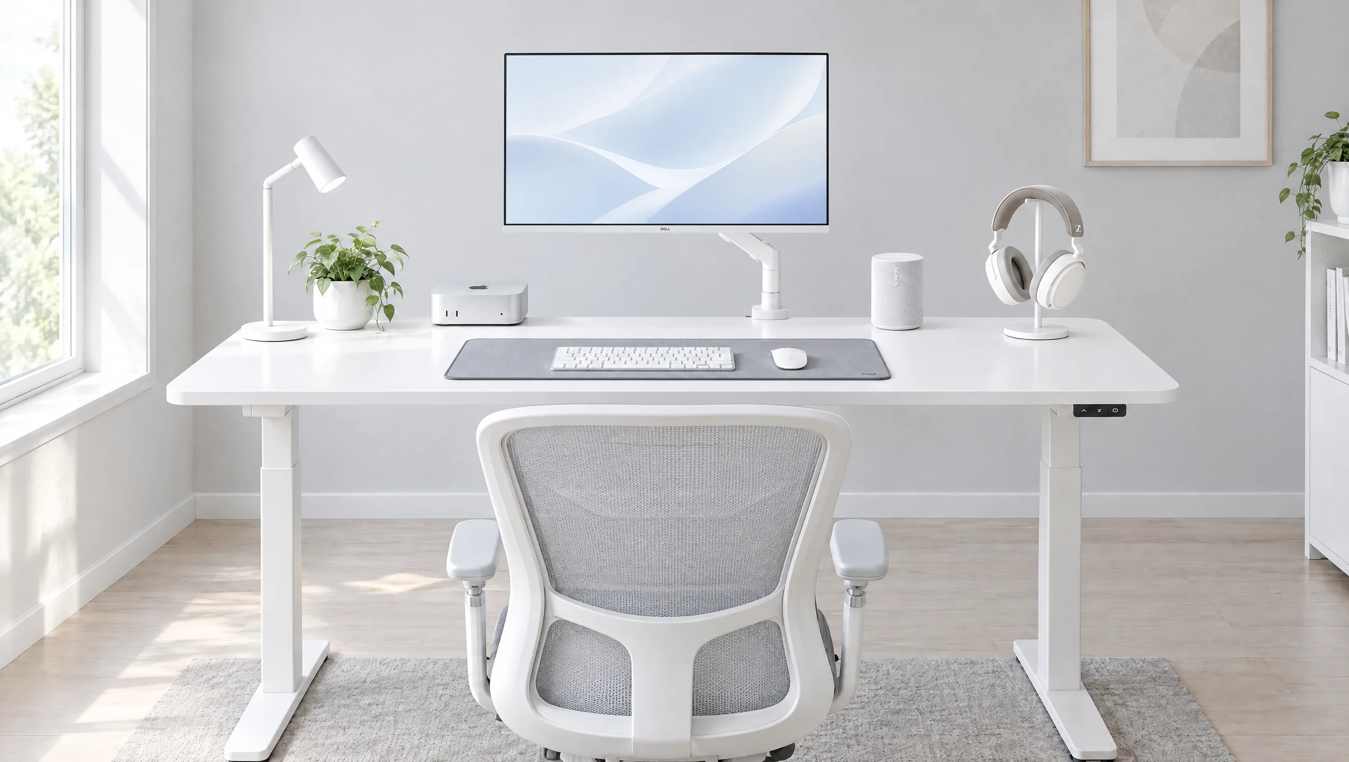 Bright all-white home office by a window: a white Dell 4K monitor on a white arm, a silver Mac mini, a white Sonos speaker and white headphones on a stand on a white IKEA standing desk, a white Apple keyboard and mouse on a grey mat, a white desk lamp, and a white Sihoo mesh chair
