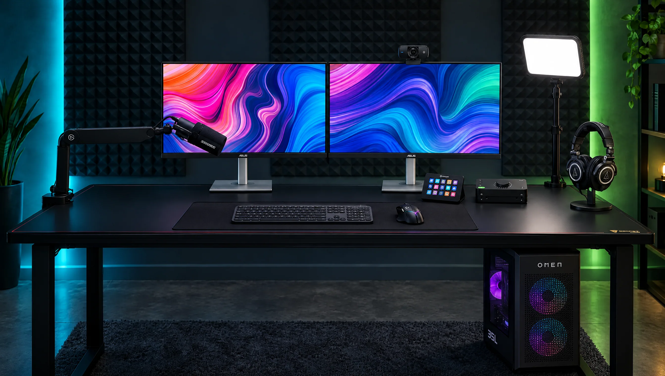 Escritorio de streaming negro delante de paneles de espuma acústica, con dos monitores ASUS ProArt, un Shure SM7B en un brazo de perfil bajo, una webcam Elgato sobre la pantalla derecha, una key light en un mástil, un Stream Deck y una interfaz de audio sobre el escritorio, auriculares de estudio en un soporte y una torre HP OMEN bajo el escritorio, con luz cian a la izquierda y verde a la derecha