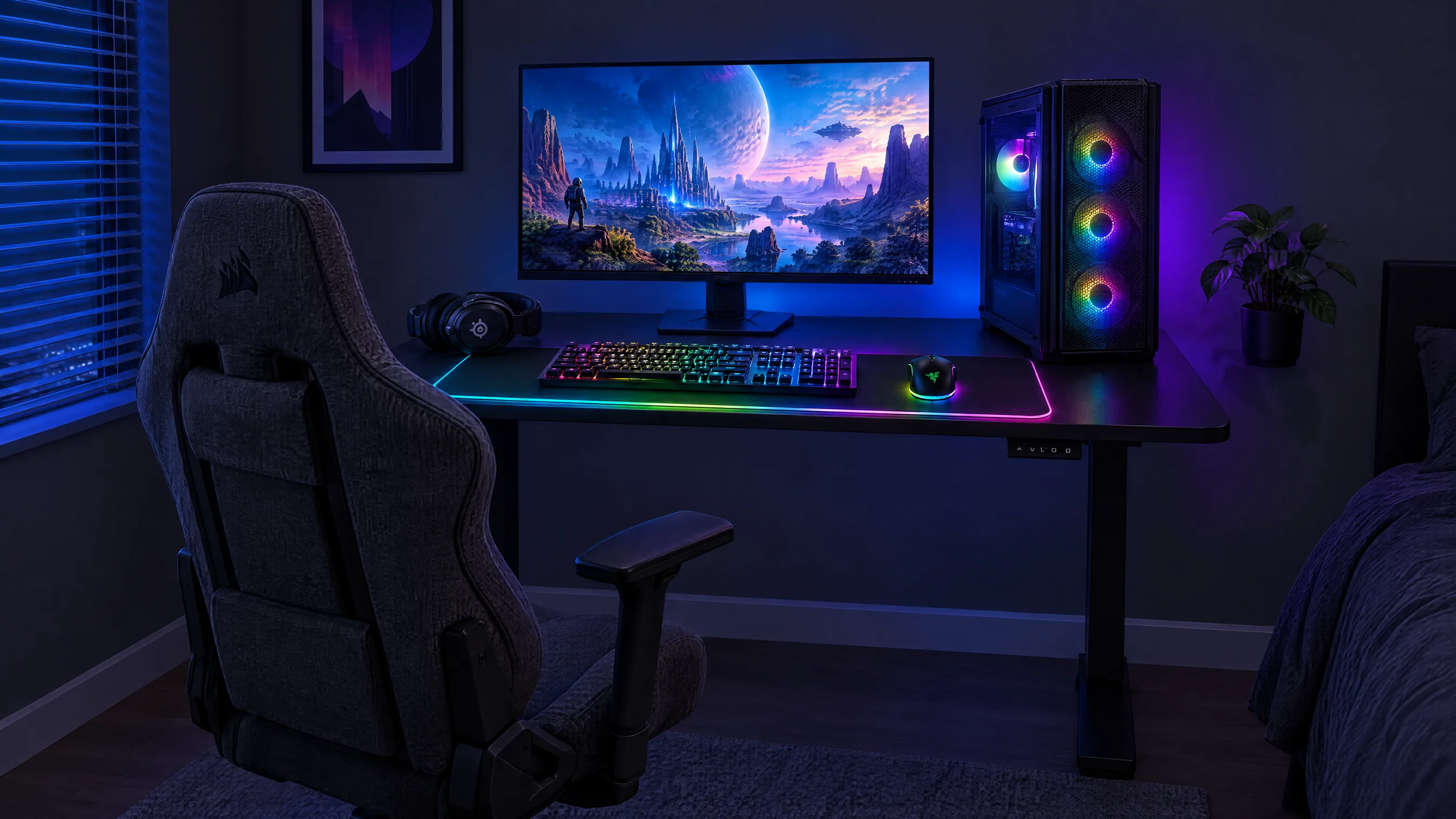 Dark bedroom gaming desk lit in blue and purple: an MSI 27-inch monitor showing a sci-fi landscape, a black ZOTAC tower with three RGB fans on the right, a SteelSeries headset lying on the left, a Razer keyboard and mouse with RGB on a long Corsair mat with a glowing edge, a black FlexiSpot standing desk, a gray fabric Corsair gaming chair in front and a bed on the right
