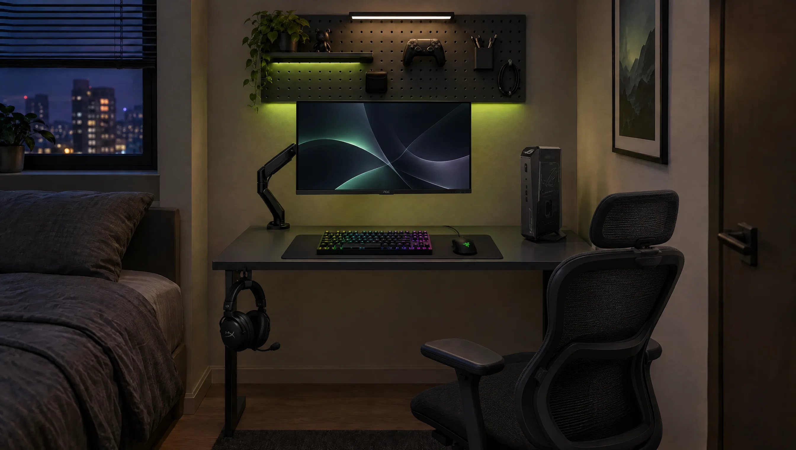 Petit bureau noir dans un coin de chambre la nuit, entre un lit et une porte : un écran AOC sur un bras à vérin noir, un panneau perforé au-dessus avec une étagère, une manette et un éclairage vert, un ASUS ROG NUC compact posé sur le bureau, un clavier Razer rétroéclairé RGB et une souris noire sur un tapis, un casque HyperX suspendu sous le plateau, une chaise en mesh noire avec appui-tête et une vue sur la ville par la fenêtre