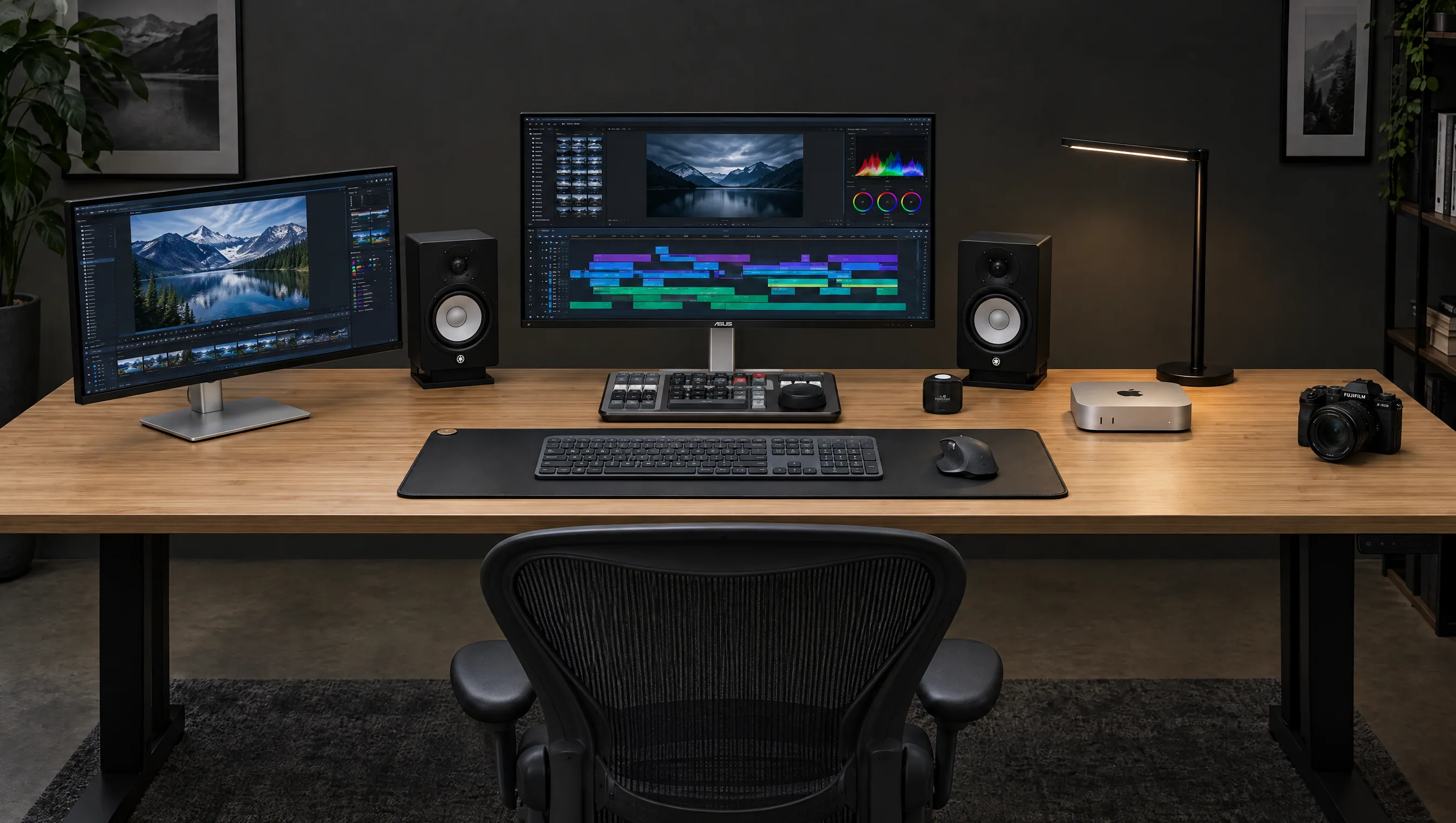 Video editing desk in a dark gray room: a light bamboo standing desk with an ASUS ProArt monitor showing a DaVinci Resolve timeline, a Dell monitor angled on the left, two Yamaha studio monitors, a DaVinci Resolve Speed Editor, a colorimeter, a silver Mac mini, a Fujifilm camera, a keyboard and mouse on a black leather mat, a black desk lamp and a Herman Miller Aeron chair
