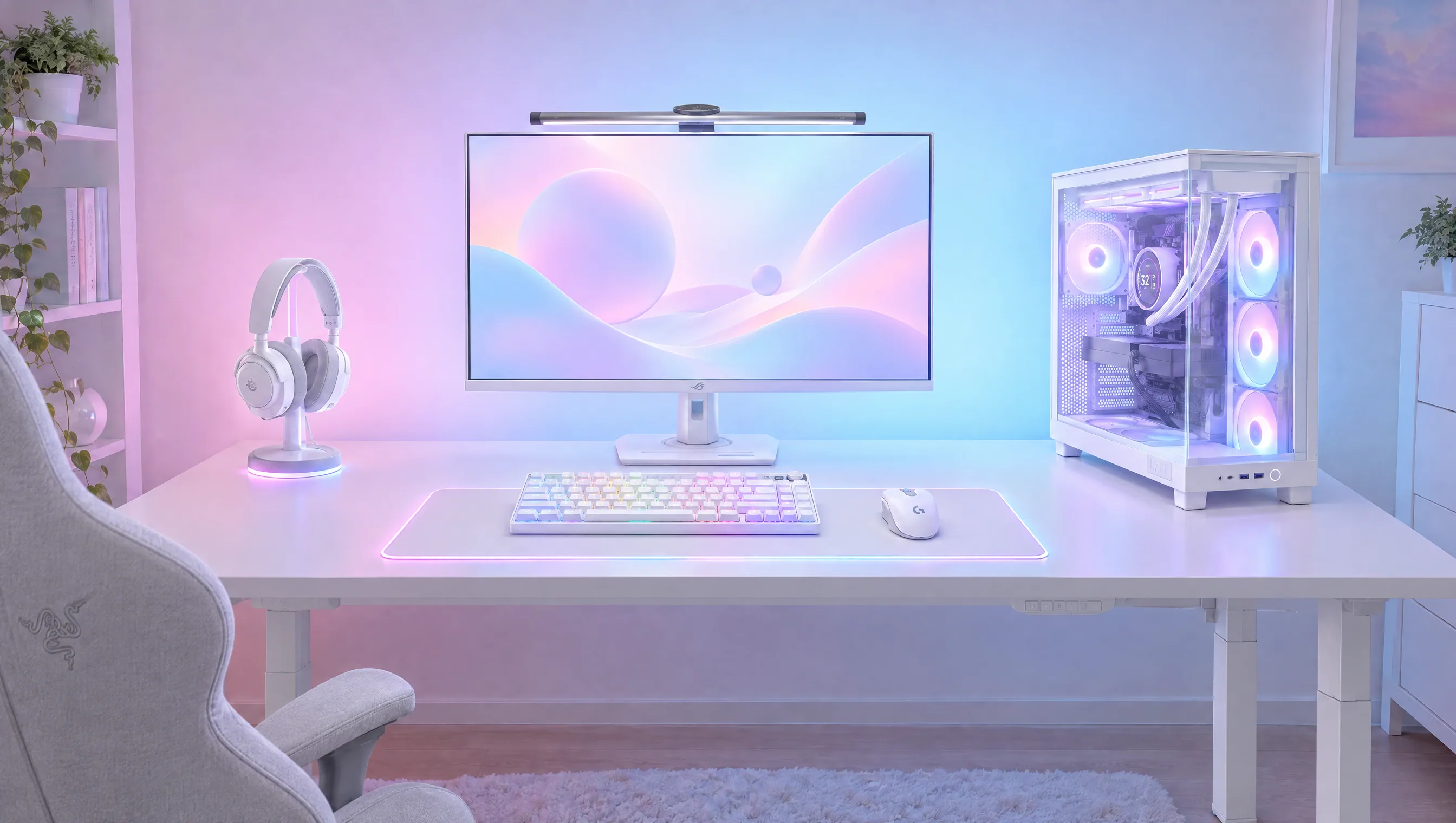 White gaming desk against a wall lit pink on the left and sky blue on the right, with a white ASUS ROG monitor under a light bar, a white NZXT tower with glowing fans and a white liquid cooler, a white headset on a stand, a white RGB keyboard and a white mouse on a glowing mat, and a light gray Razer chair in the foreground