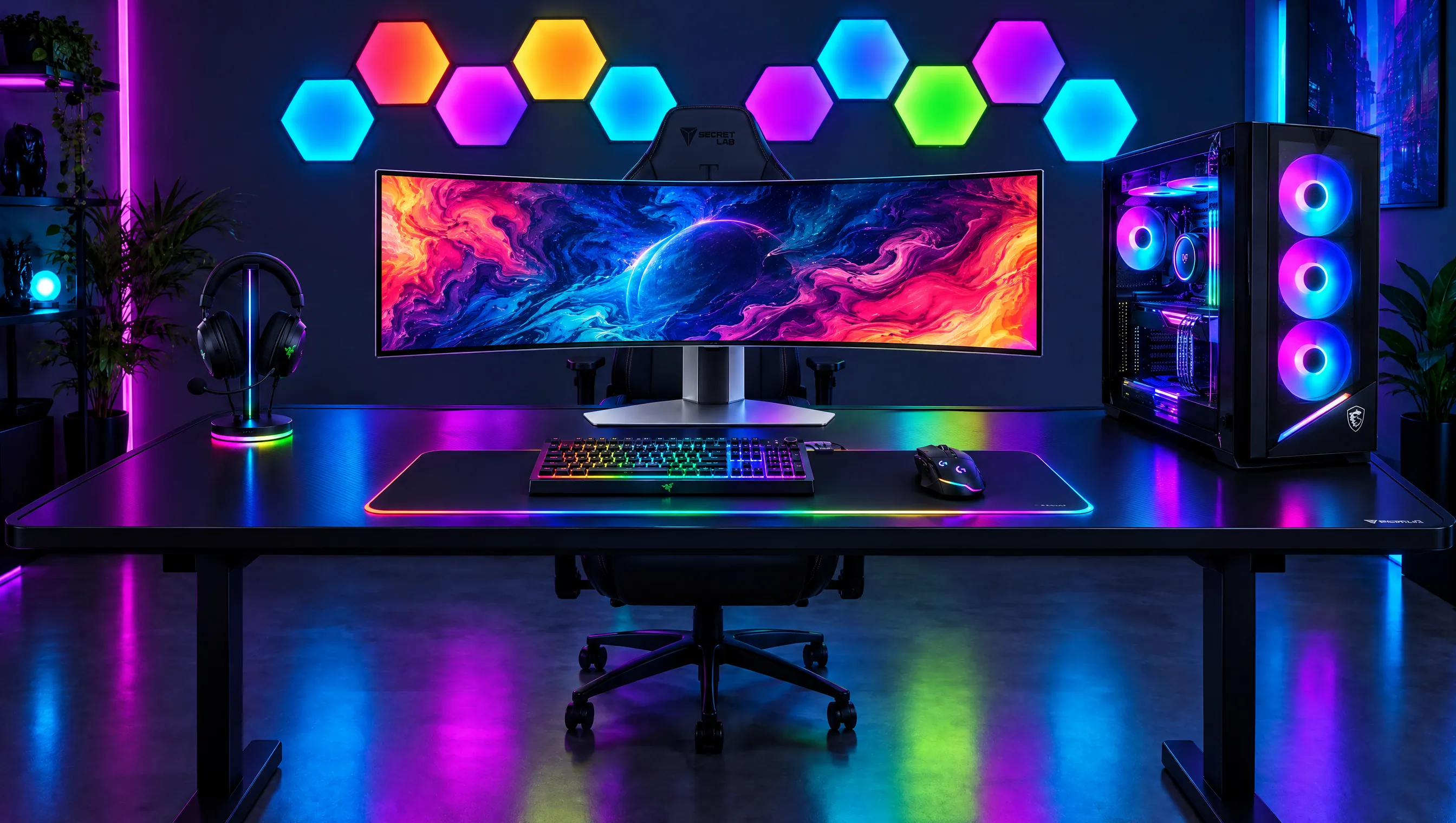 RGB gaming battlestation in a dark room: a 49-inch curved Samsung Odyssey OLED monitor on a black desk, a black MSI tower with three glowing fans on the right, a row of colourful Nanoleaf hexagon panels on the wall, a Razer headset on an RGB stand, a Razer RGB keyboard and a Logitech mouse on a mat with lit edges, a black Secretlab gaming chair tucked under the desk and pink and blue light on the floor