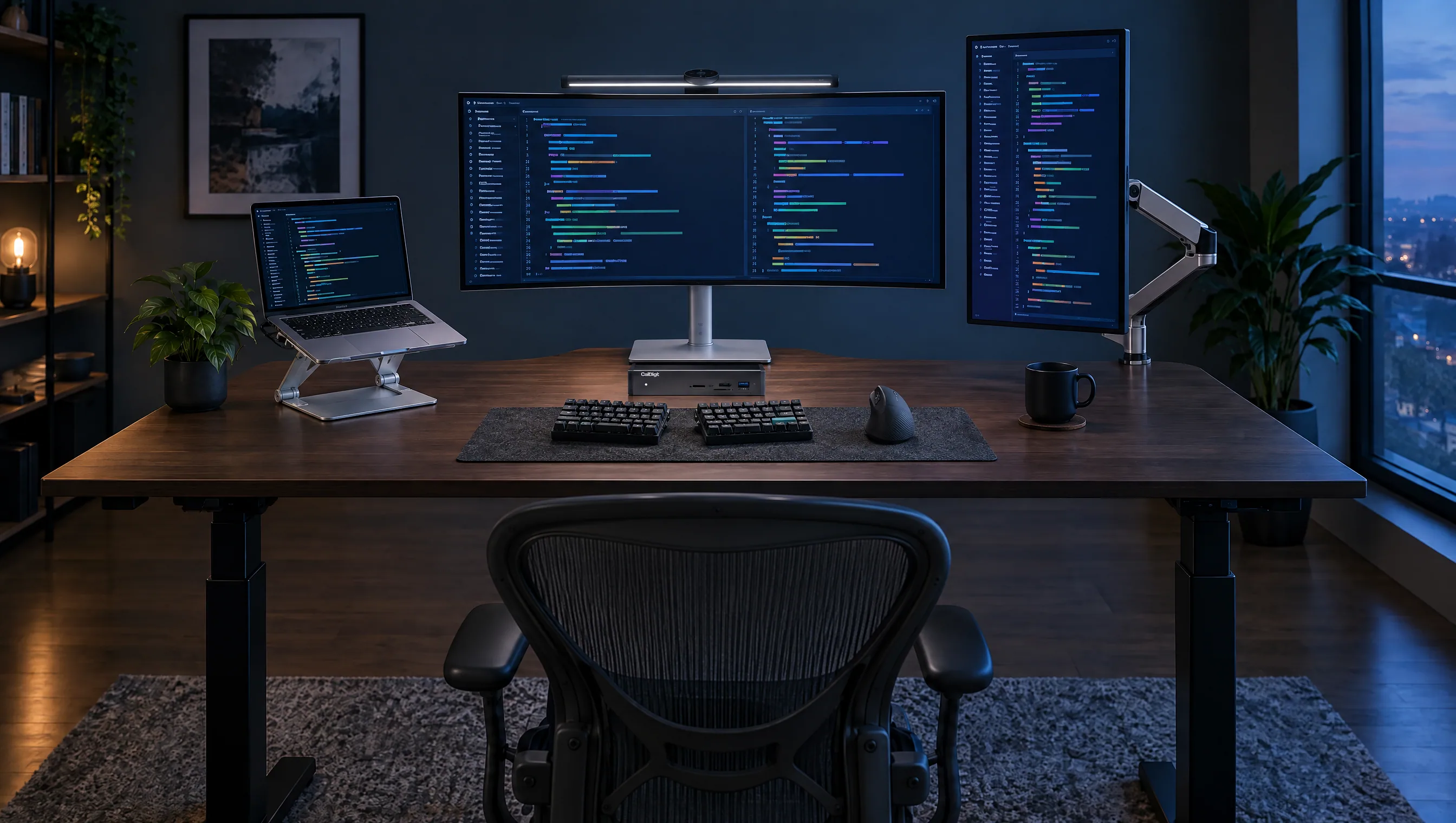 Dark developer desk at night with a 34-inch curved Dell ultrawide showing code under a BenQ light bar, a Dell monitor in portrait on an arm on the right, a laptop on a silver stand on the left, a split Keychron keyboard and a vertical Logitech mouse, a CalDigit dock, a dark wood standing desk on a black frame and a Herman Miller Aeron chair