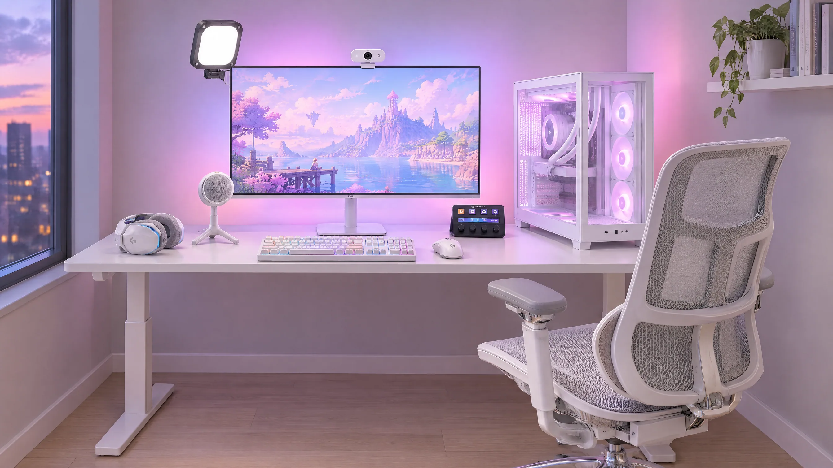 Bureau de streaming blanc devant un mur éclairé en rose et lavande : un écran Dell blanc de 27 pouces avec une Elgato Facecam Neo dessus et une Elgato Key Light Neo noire fixée à gauche, une tour NZXT blanche aux ventilateurs lumineux à droite, un micro Logitech Yeti Orb blanc, un casque Logitech G733 blanc, un clavier et une souris blancs, un Elgato Stream Deck + aux touches allumées, un bureau IKEA blanc et une chaise Sihoo blanche à droite