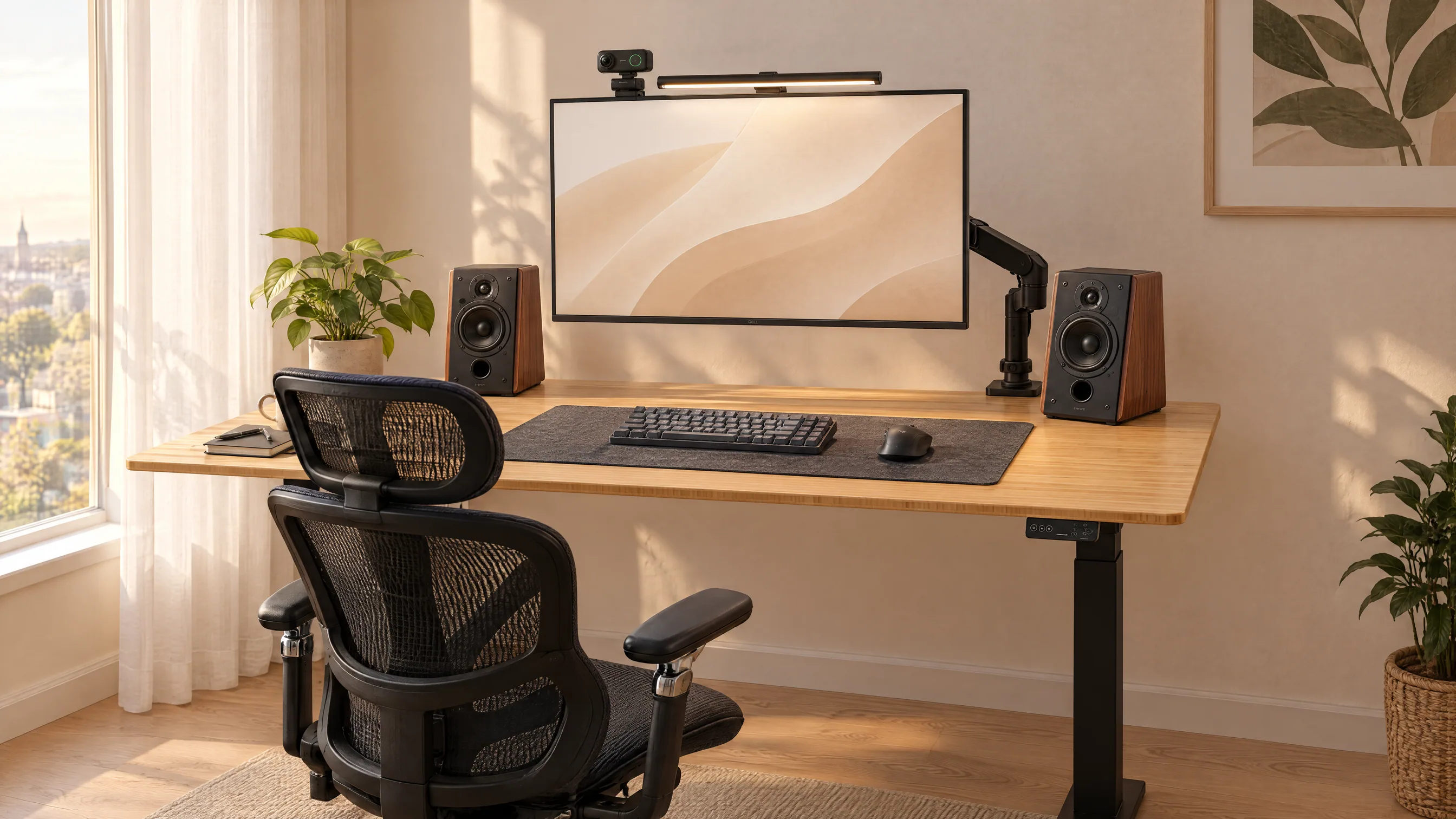 Bright home office in afternoon light: a white Dell 32-inch monitor on a black Ergotron arm above a FlexiSpot standing desk with a bamboo top, a BenQ ScreenBar Pro and an Insta360 Link 2 webcam on top of the screen, wood-sided Edifier speakers on each side, a graphite Logitech keyboard and mouse on a gray felt mat, a black Sihoo mesh chair in front and a window with sheer curtains on the left