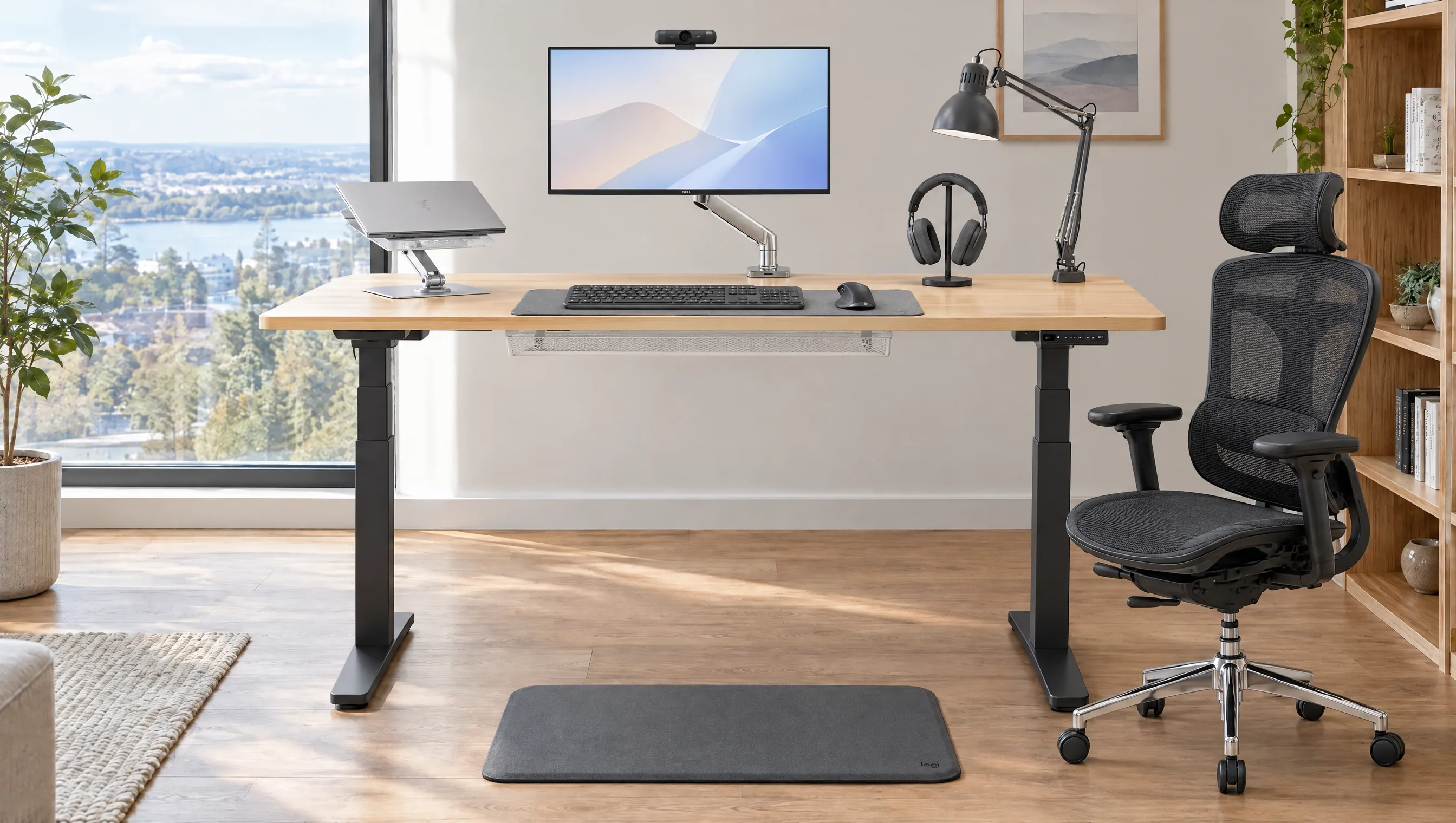 Despacho en casa luminoso junto a un gran ventanal con vistas a un lago: un escritorio elevable FlexiSpot con tablero de madera clara, un monitor Dell en un brazo plateado con una webcam encima, un portátil en un soporte plateado, un teclado y un ratón sobre una alfombrilla gris, auriculares en un soporte, una lámpara de arquitecto gris oscuro, una bandeja de malla bajo el escritorio, una silla de malla negra con reposacabezas y una alfombrilla antifatiga gris en el suelo