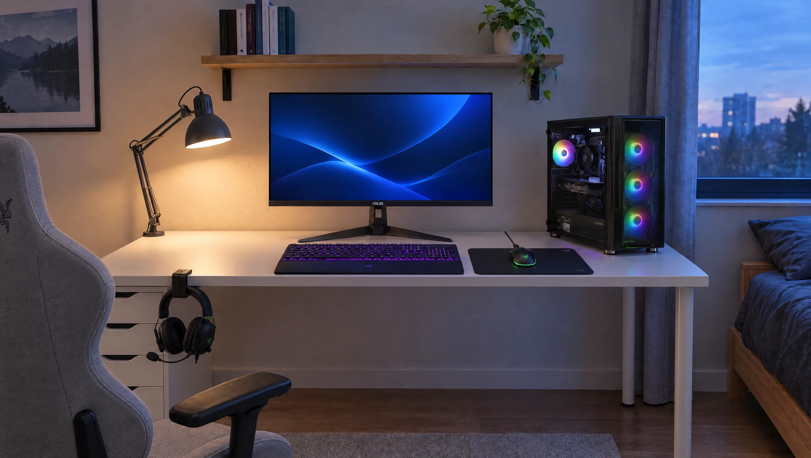 Bedroom gaming desk at dusk: a white IKEA desk with a drawer unit, an ASUS TUF monitor, a black LDLC tower with RGB fans, a Razer keyboard with purple backlight and a wrist rest, a Razer mouse on a small pad, an IKEA architect lamp clamped on the left, a black Razer headset hanging on a desk hook, a light gray Razer chair, a wooden shelf with books, and a bed and a window on the right