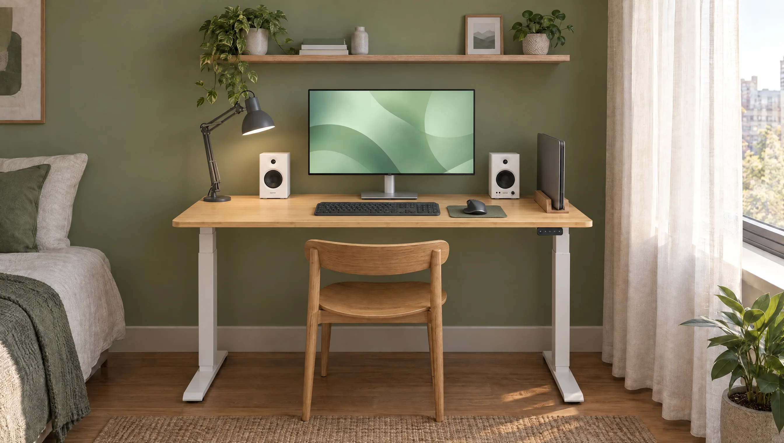 Coin de chambre cosy au mur vert sauge : un bureau assis-debout en bambou sur piètement blanc avec un écran Dell sur son pied, deux petites enceintes Edifier blanches, une lampe d'architecte IKEA gris foncé, un clavier et une souris, un portable dans un support vertical, une chaise en bois, une étagère avec des plantes, un lit à gauche et une fenêtre aux rideaux en lin à droite