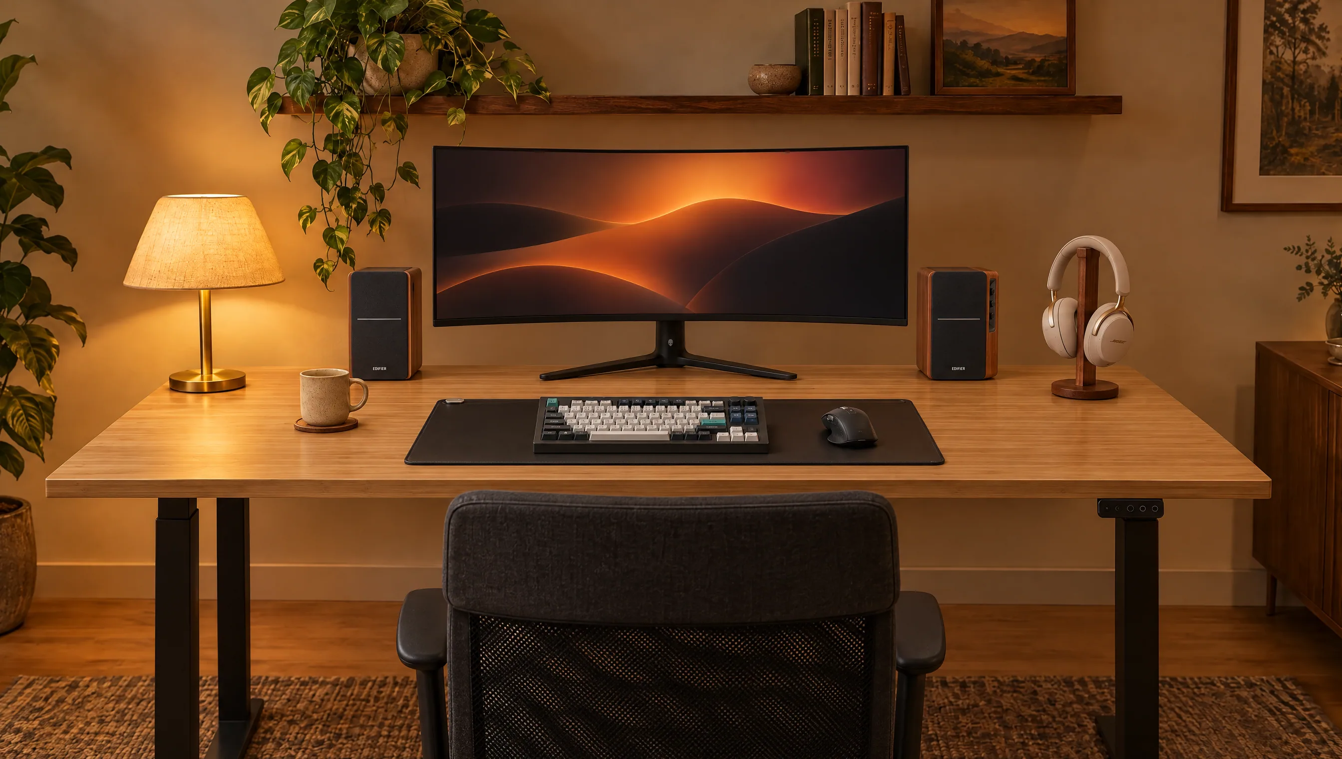 Warm, cozy room in the evening with a light bamboo standing desk, a 34-inch curved Alienware monitor between two wood-finish Edifier speakers, a brass table lamp on the left, a Keychron keyboard and a graphite mouse on a black leather mat, beige Bose headphones on a wooden hanger, plants, a wooden shelf with books and a dark gray IKEA chair